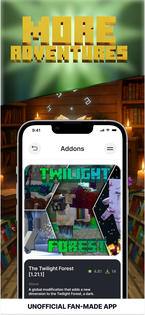 All MCPE Addons for Minecraft - Pantalla de iPhone que muestra el addon del Bosque Crepuscular para Minecraft con superposición de texto Más Aventuras