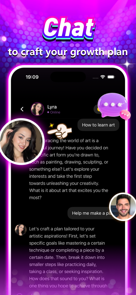 Vexen - Chat&Social - A chat interface within the Vexen app showing a conversation with Lyra the AI mentor about crafting a growth plan