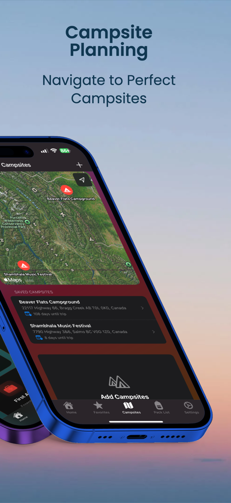 CampMate: Your Camp Helper - Smartphone screen showing the CampMate app with a map of campsites and a list of saved camping trip locations
