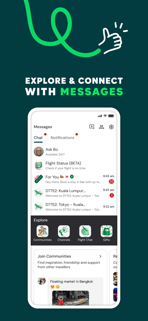 Interfaccia dell'app AirAsia MOVE per messaggi di viaggio ed esplorazione della community