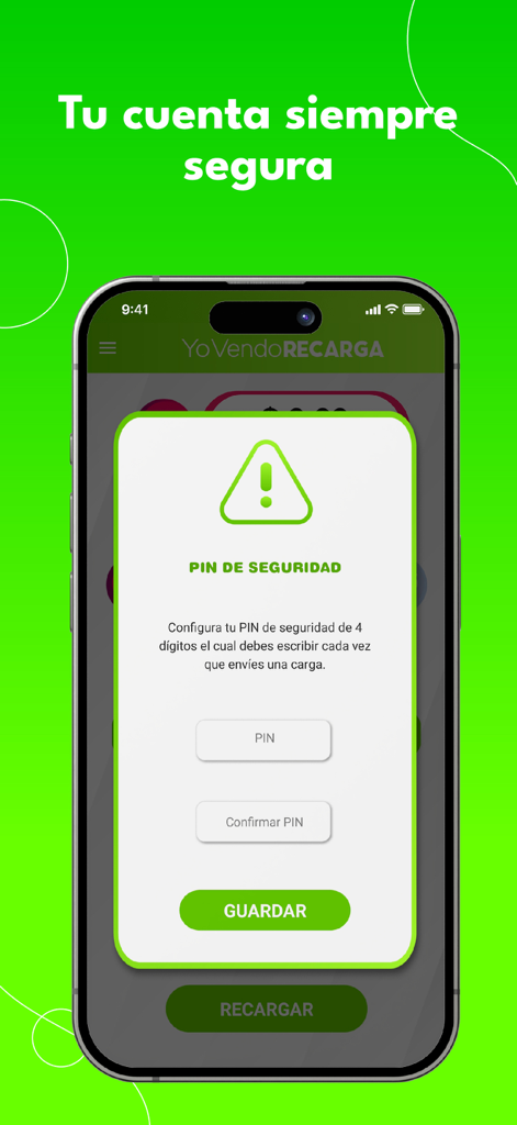 Mobile app screen showing a security PIN setup window for secure mobile top-up transactions.