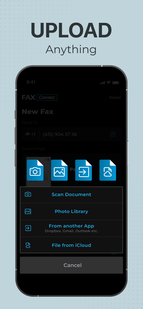 Interfaz de una aplicación de fax móvil que muestra opciones de carga de documentos, incluyendo escaneo, biblioteca de fotos e integración de almacenamiento en la nube.