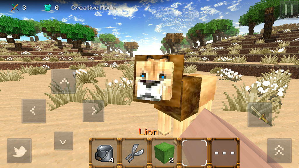 A blocky lion in a savanna landscape in the game Savanna Craft Adventure