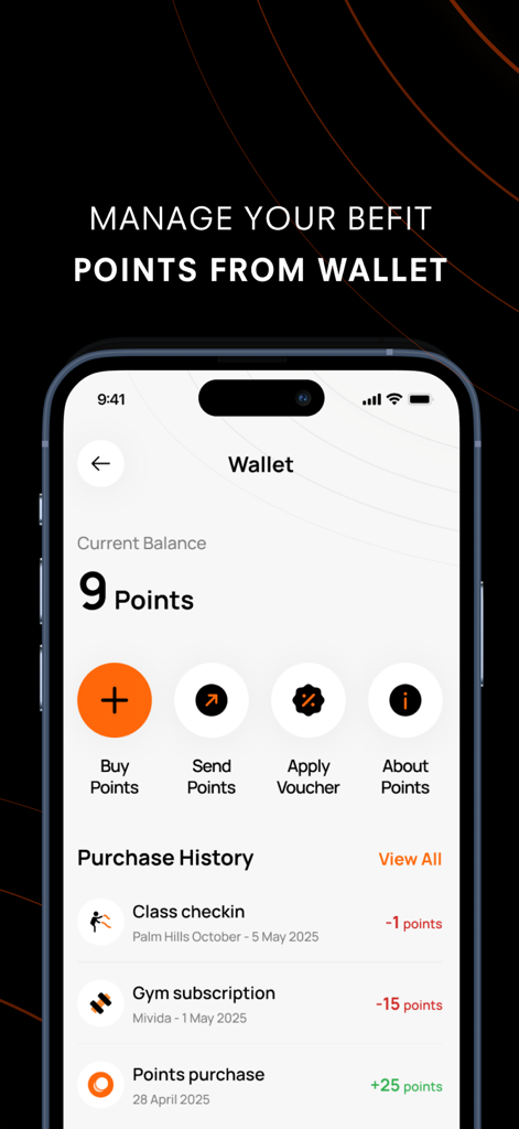 BeFit 360 - Digital wallet screen of the BeFit 360 app displaying points balance and purchase history