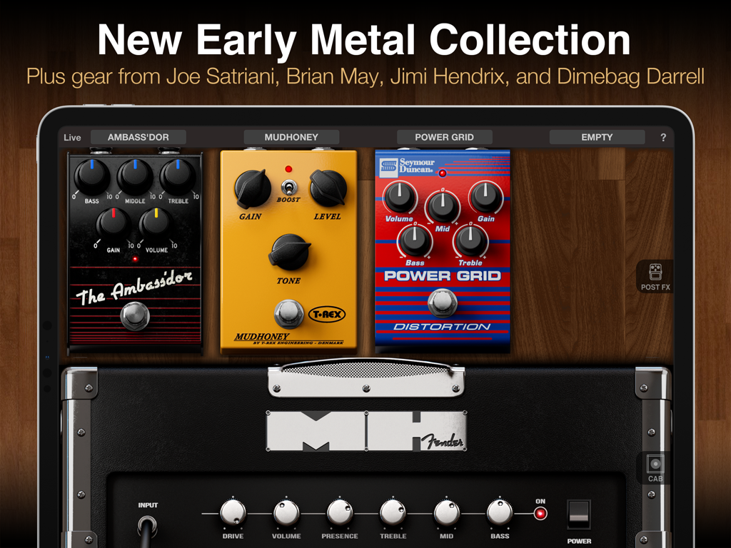 Interface AmpliTube CS pour iPad affichant des pédales de guitare virtuelles et un amplificateur Fender