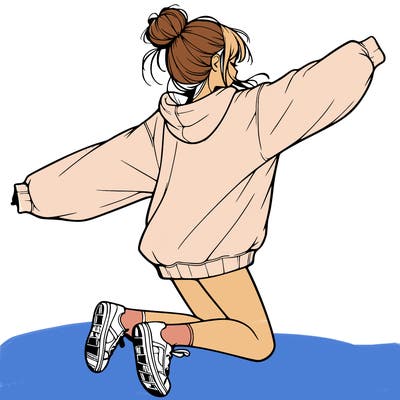 realistic girl jumping with a bun and oversized sweatshirt
