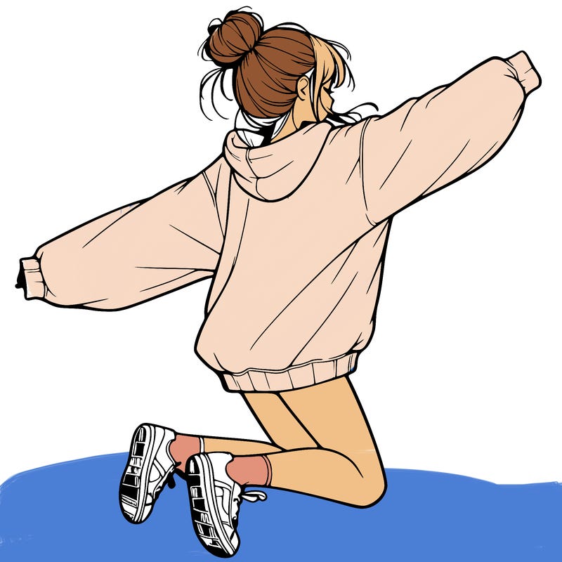 realistic girl jumping with a bun and oversized sweatshirt