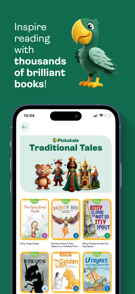 Pickatale - Pickatale mobile app interface showing various children's books and a green parrot mascot.