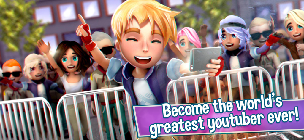 Youtubers Life: Gaming Channel - A famous YouTuber character taking a selfie with a cheering crowd of fans behind a security barrier.