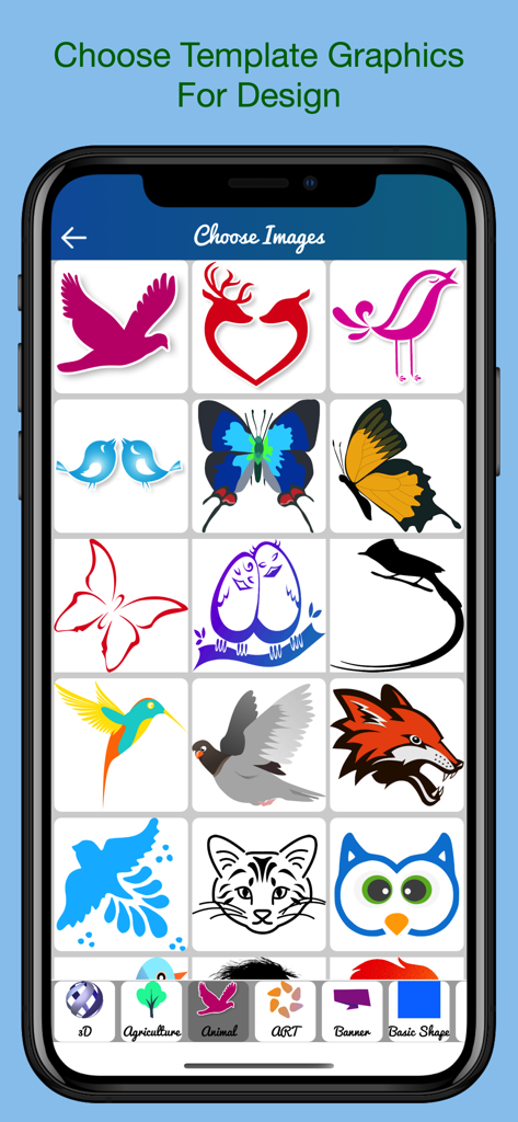 Logo Design Revo - A collection of animal-themed graphic templates for logo design in a mobile app interface.