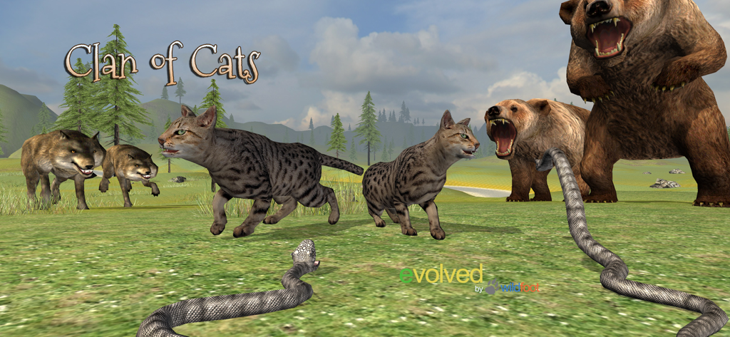 Wild cat warriors in Clan of Cats facing off against bears and snakes in an open world landscape