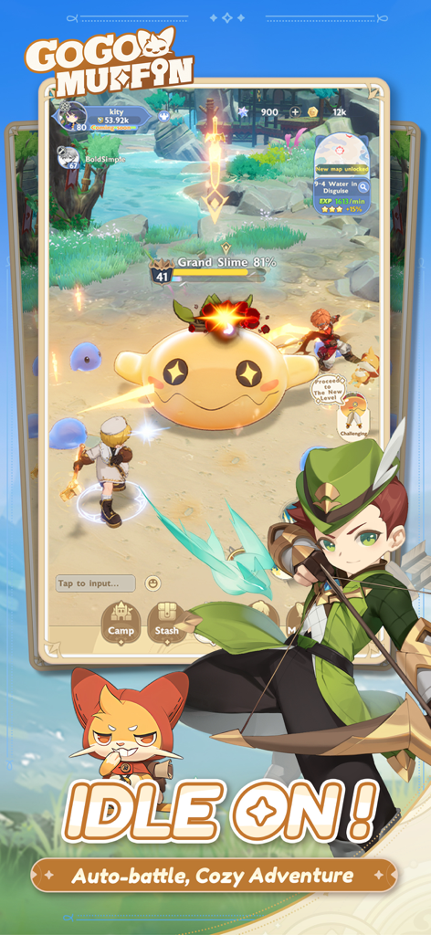 Go Go Muffin - Go Go Muffin mobile game screenshot showing characters engaged in an auto battle against a giant yellow slime in a cozy fantasy environment.