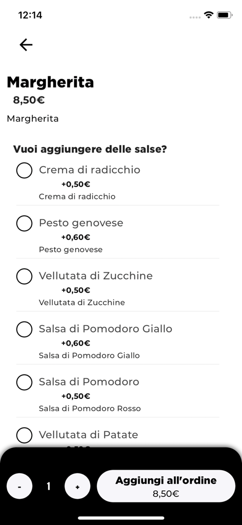 Gep - Mobile screen for customizing a Margherita pizza with sauce additions in the Gep app