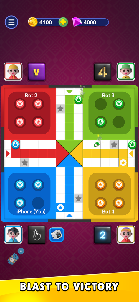 Ludo Blitz: Fun Dice Game - Gameplay screen of Ludo Blitz showing a four-player board match with the slogan Blast to Victory