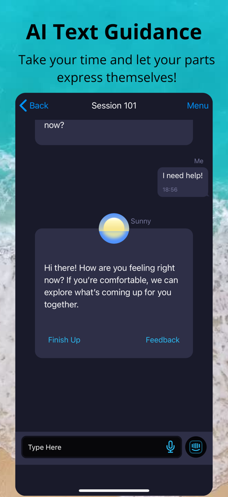 IFS Guide - Interface showing an AI text guidance session with Sunny the practitioner in the IFS Guide app.