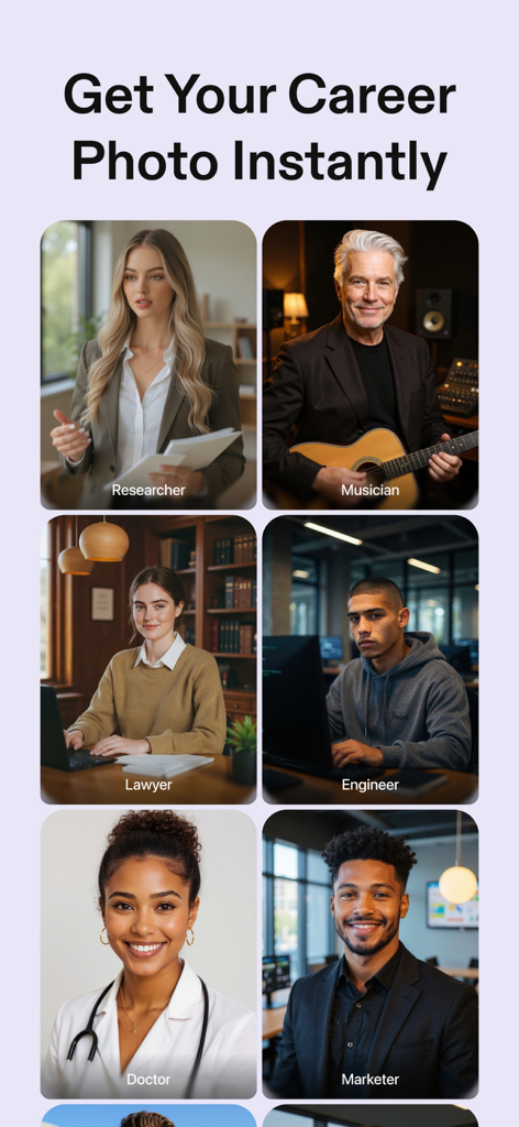 MyShell Al・AI Photo & Video - Una cuadrícula que muestra retratos profesionales generados por IA para diversas profesiones como médico, abogado e ingeniero