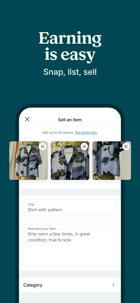 Mobile interface of the Vinted app showing how to list a pre-loved shirt for sale by adding photos and a description