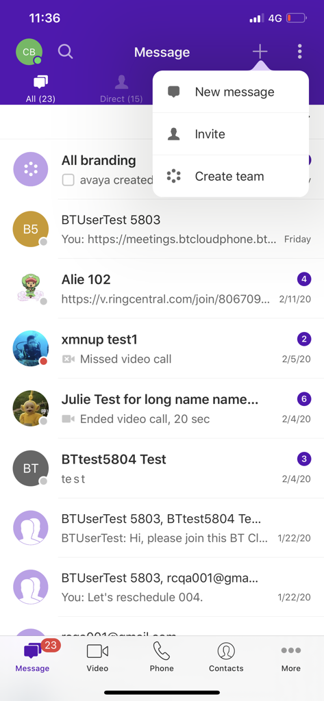 BT Cloud Work - BT Cloud Work app messaging tab showing a list of professional chats and a popup menu to start a new message