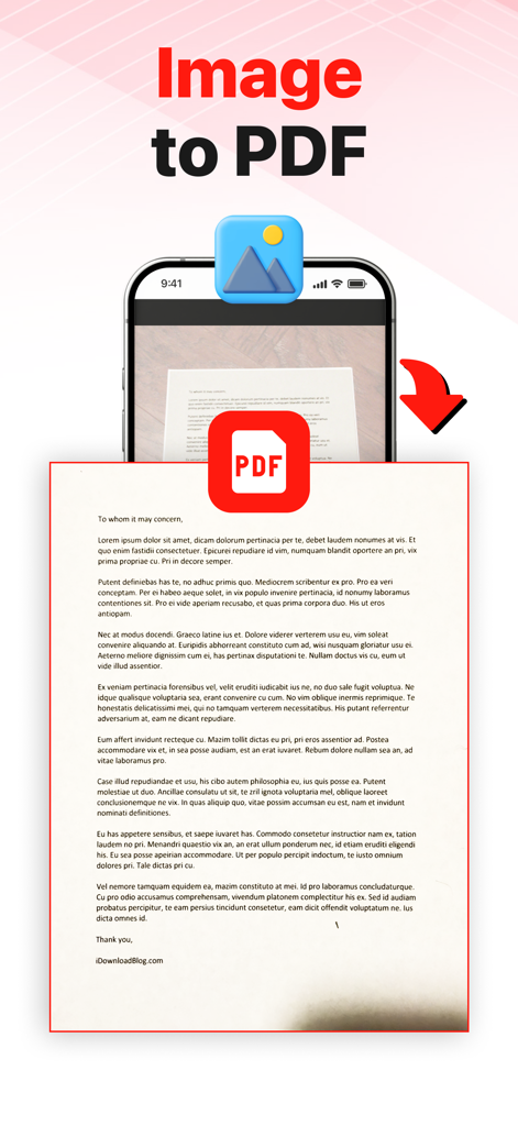 PDF Converter Ai• WORD to PDF - Uma representação visual mostrando o processo de conversão de uma foto de um documento em um arquivo PDF usando o aplicativo móvel PDF Converter Ai