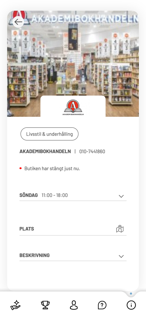 Kupolens Kundklubb - Geschäftsinformationsseite für Akademibokhandeln in der Kupolens Kundklubb-App, einschließlich Öffnungszeiten und Geschäftsdetails.