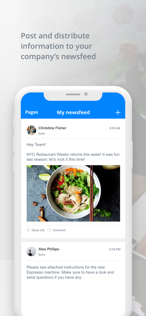 Sling: Employee Scheduling App - Slingアプリのインターフェイスに、従業員向けの社内コミュニケーション用会社ニュースフィードが表示されています