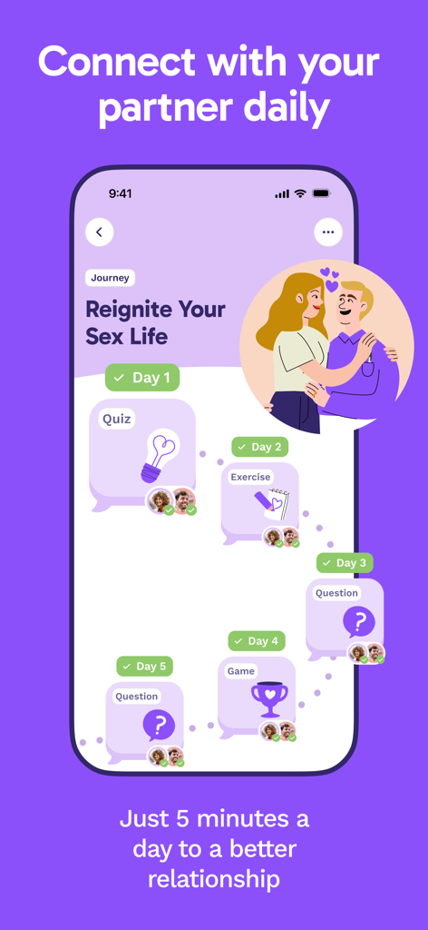 Interface of the Paired app displaying a daily connection journey for couples