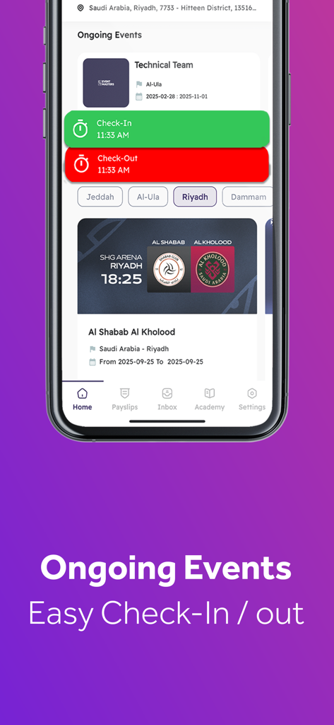 Event Masters app interface showing ongoing events with easy check-in and check-out buttons for staff management.
