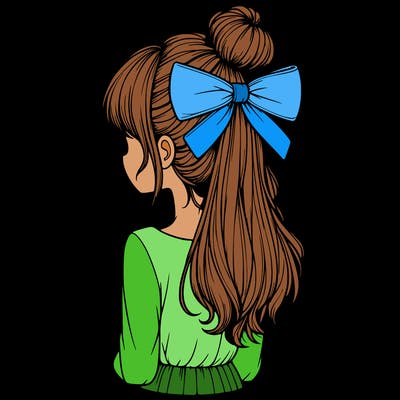 realistic girl  with hip length hair a bun and a big bow on the back of head