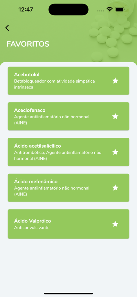 MPI Brasil - Captura de pantalla de la aplicación MPI Brasil que muestra una lista de medicamentos favoritos para referencia clínica