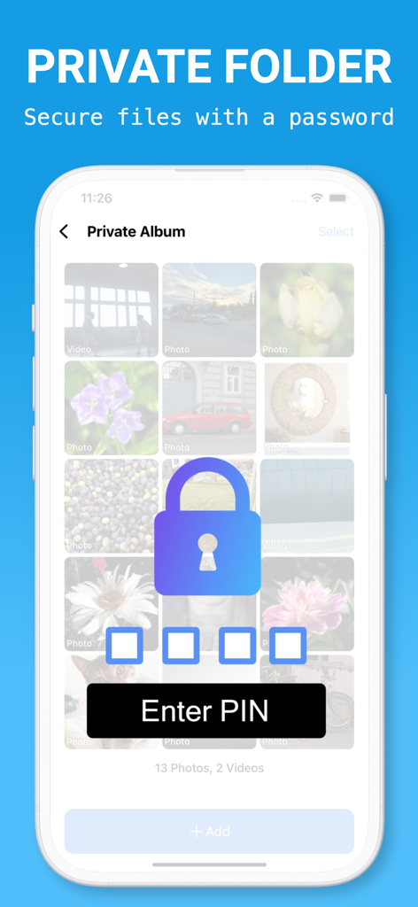 AI Cleaner—Clean Phone Storage - AI Cleaner app private folder interface with a PIN lock screen to secure private photos and videos