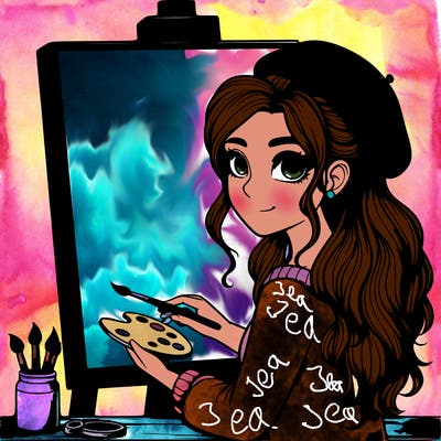 realistic girl artist painting a blank canvas