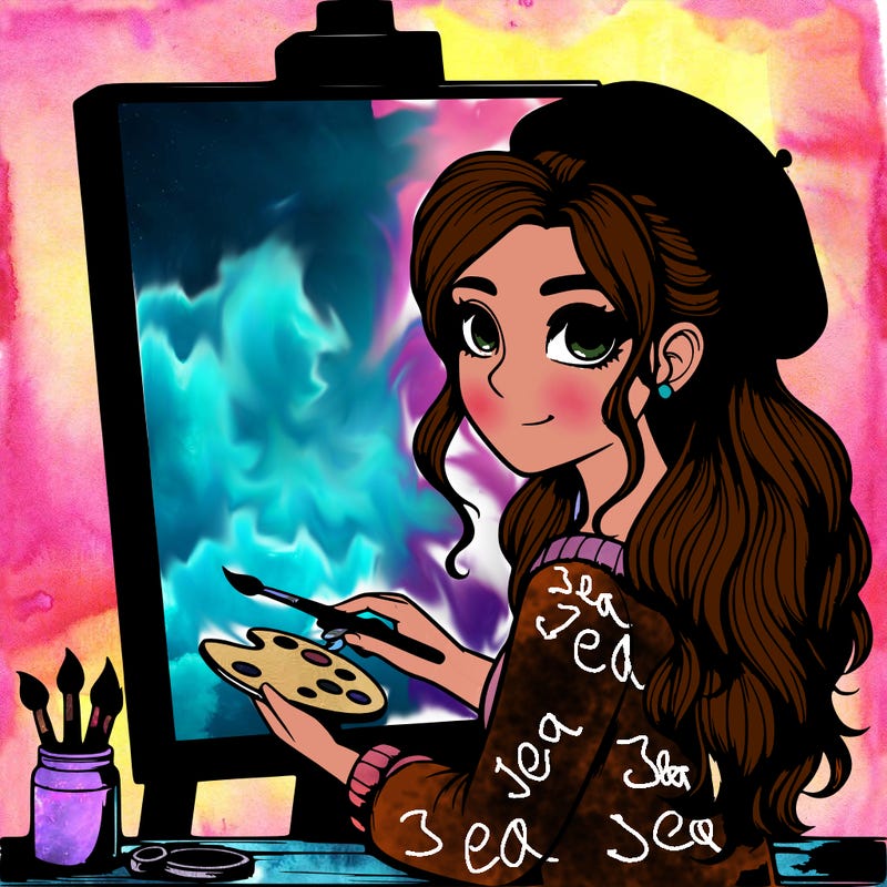 realistic girl artist painting a blank canvas