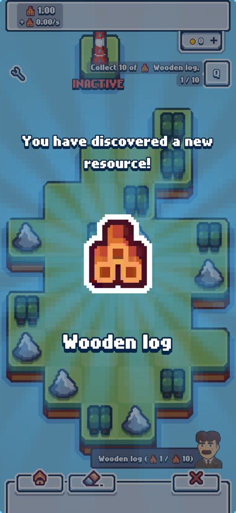 Production Chain Tycoon - A new wooden log resource discovery notification in the Production Chain Tycoon game interface.