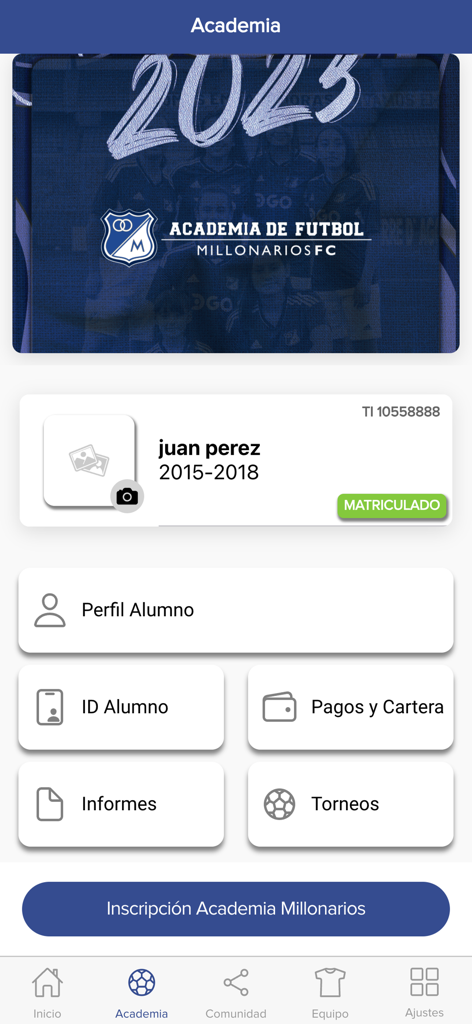 Millonarios - Millonarios FC soccer academy screen displaying a student profile and management options