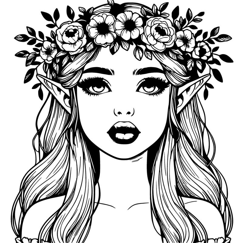 realistic elven girl with lips and flowers crown
