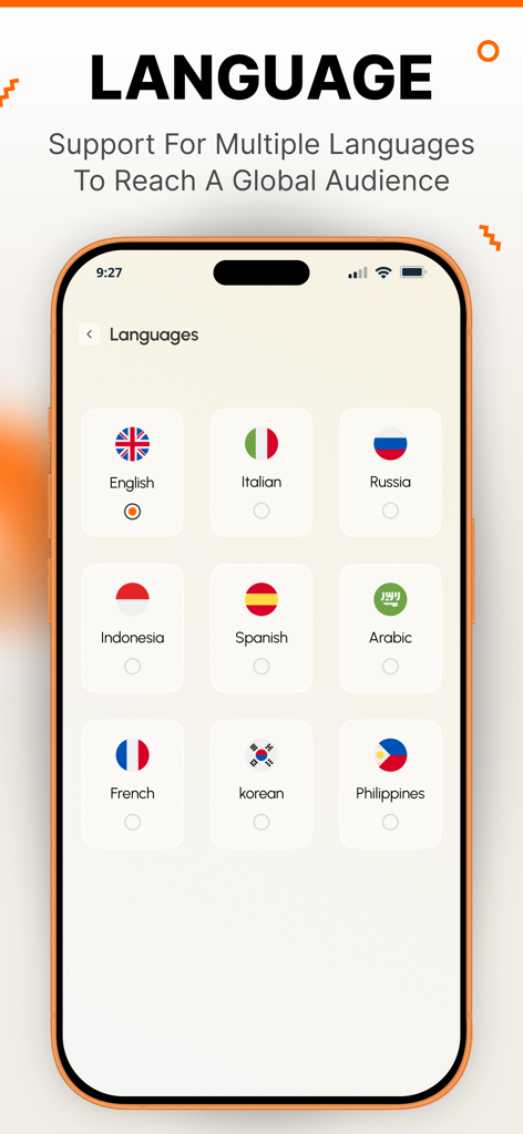 AI Writer: Essay, Story, Email - Screenshot of the AI Writer app showing multiple language selection options including English Spanish and French