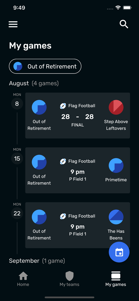 Fusion Play - Mobile app interface showing a list of scheduled intramural flag football games for a college team.