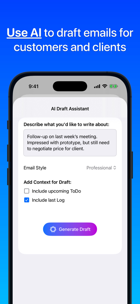 Contacts Journal CRM - Pantalla del Asistente de Borrador IA de Contacts Journal CRM mostrando opciones para generar correos electrónicos de seguimiento profesionales para clientes con contexto del historial de contactos.