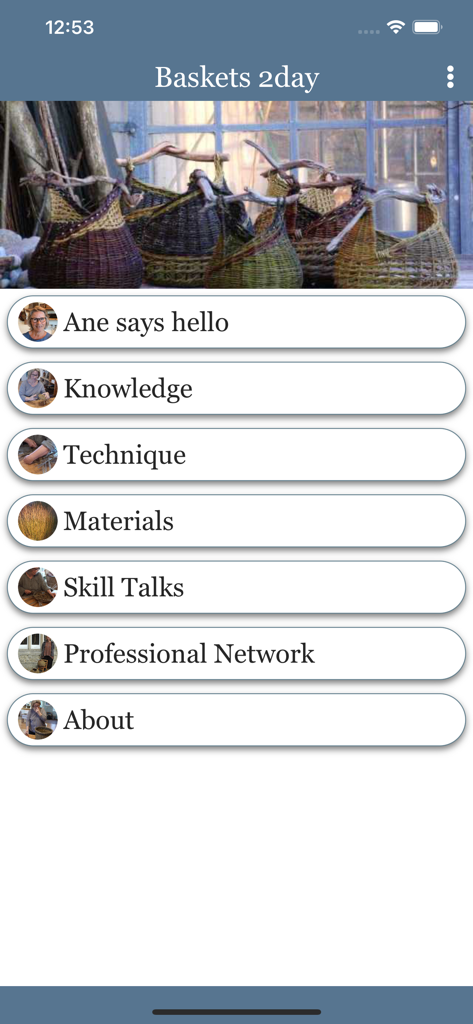 Baskets 2day - Baskets 2dayアプリのメインメニュー。知識、テクニック、素材のカテゴリが表示されています。