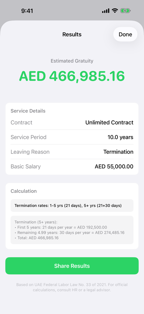 Gratuity Calculator : UAE - Results screen of the UAE Gratuity Calculator app showing an estimated end of service benefit of over 466 thousand dirhams