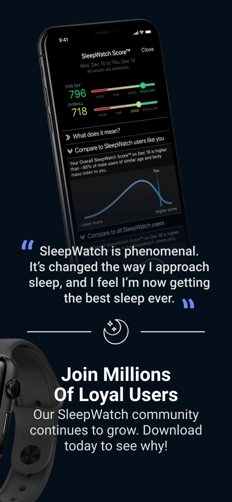 SleepWatch - Top Sleep Tracker - Die Benutzeroberfläche der SleepWatch-App zeigt den Schlaf-Score und einen Anwenderbericht.