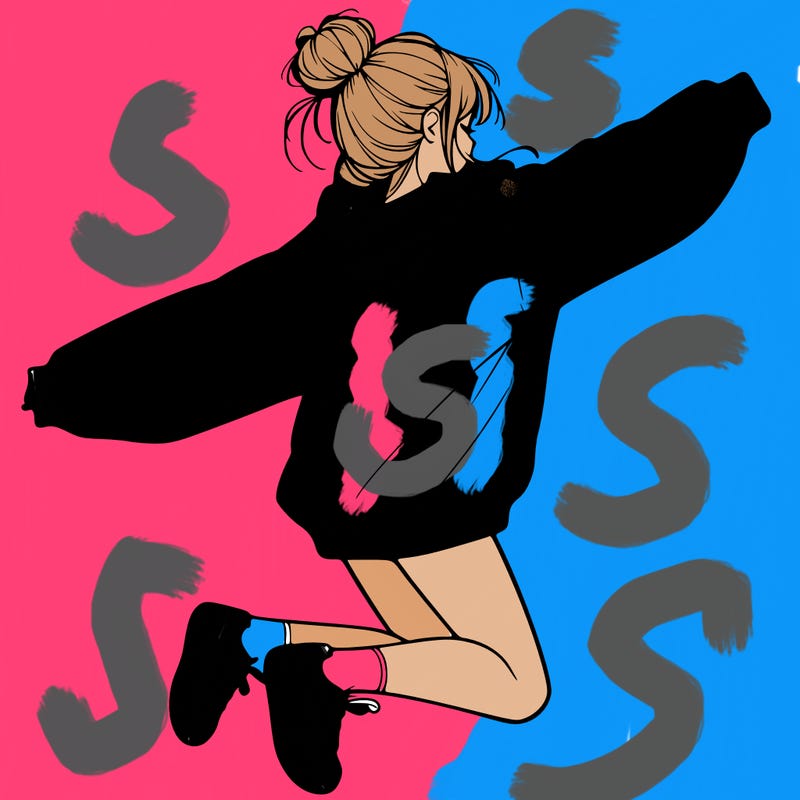 realistic girl jumping with a bun and oversized sweatshirt