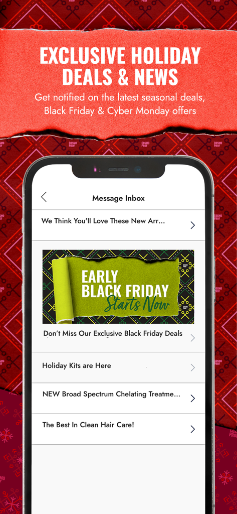CosmoProf Beauty app message inbox displaying exclusive holiday deals and Black Friday notifications