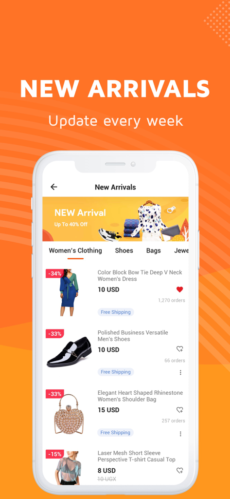 Interfaccia dell'app KiKUU che mostra i nuovi arrivi della moda con prezzi scontati su abbigliamento e accessori.