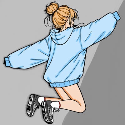 realistic girl jumping with a bun and oversized sweatshirt