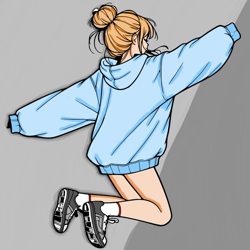 realistic girl jumping with a bun and oversized sweatshirt