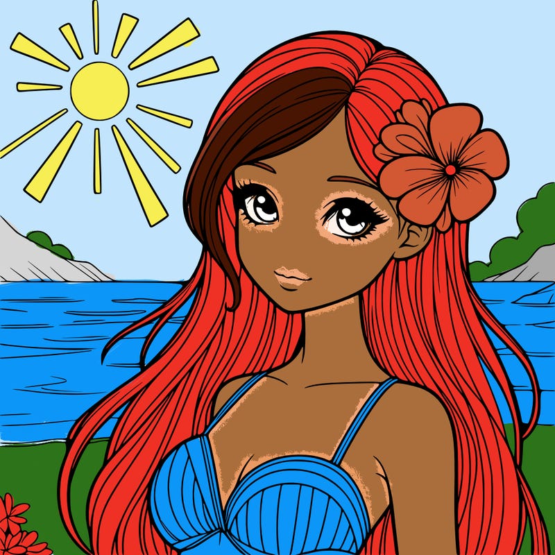 realistic girl with a flower on her hair and standing outside in the sun at the beach with a swimsuit on