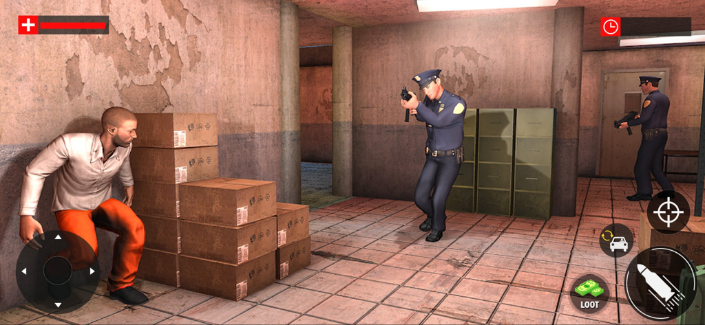 Jail Escape Prison Break Game - Un prisionero escondiéndose detrás de cajas de guardias de policía en un juego de fuga de prisión