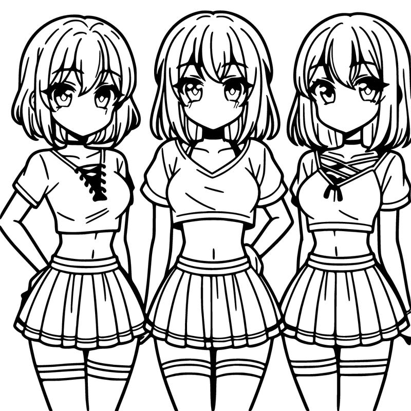 three cousins anime side by side with crop tops and short skirts on