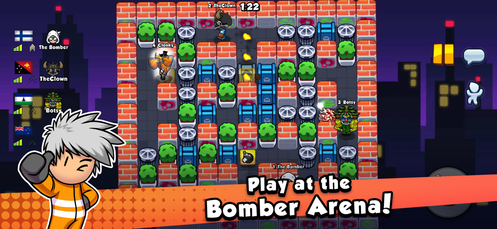 Multiplayer match in Bomber Friends showing characters placing bombs in a brick arena